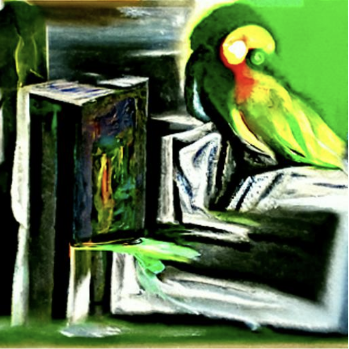 thinking parrot in dark room